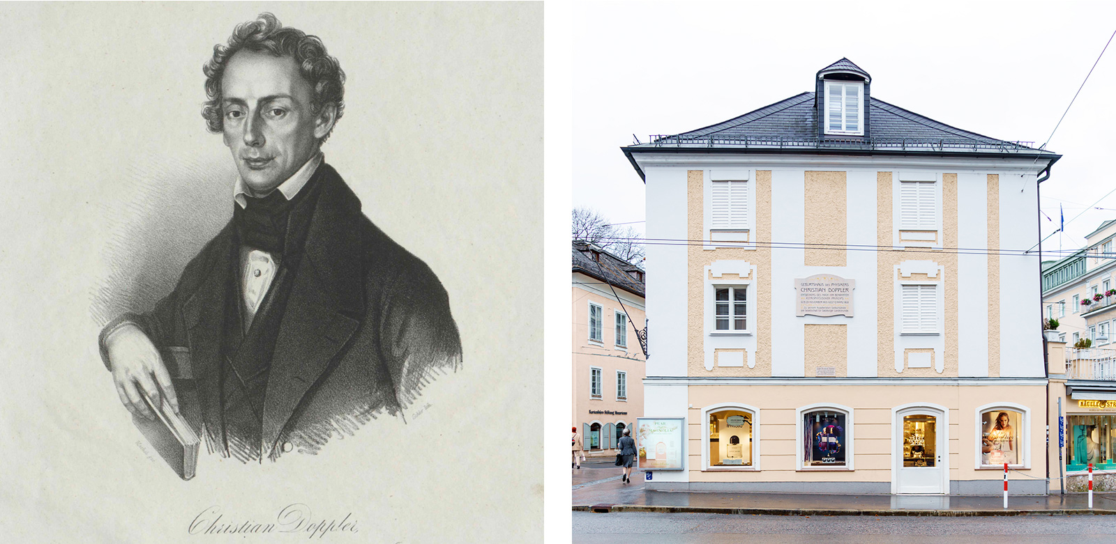 Links: Porträtzeichnung von Christian Doppler, rechts: Geburtshaus in Salzburg