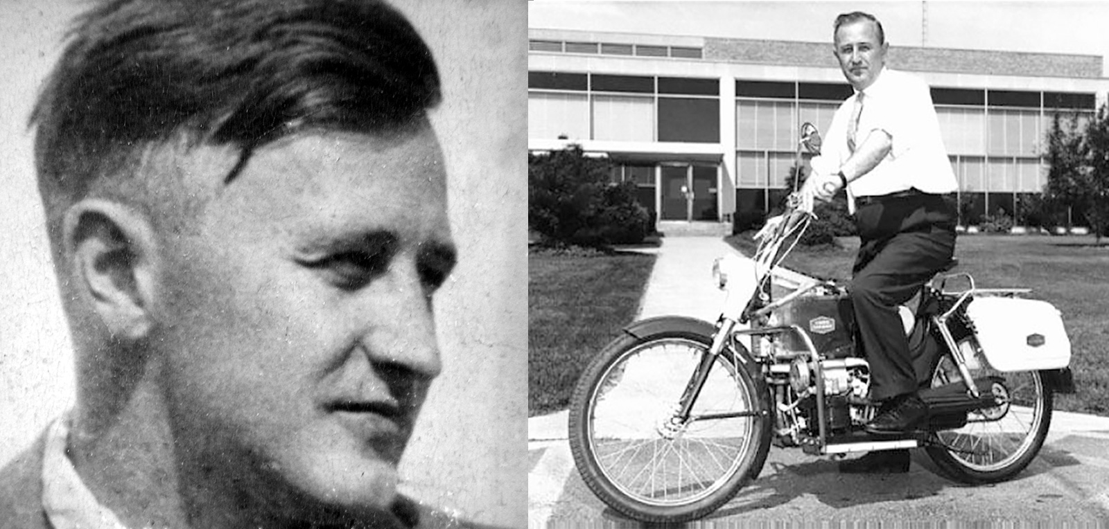 links: Kordesch 1952, rechts: 1967 auf dem von ihn entwickelten Motorrad