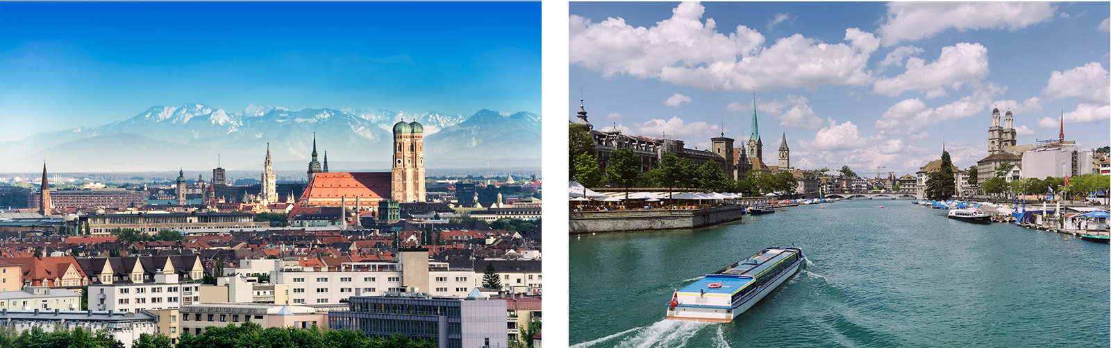 Österreicher wandern bevorzugt ins deutschsprachige Ausland aus (Foto links: München, rechts: Zürich)
