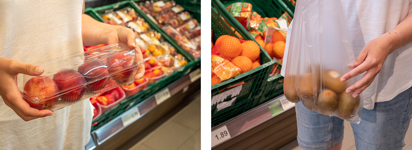 links: viel Plastik für wenig Obst, rechts: Plastiktüten sind das kleinere Übel