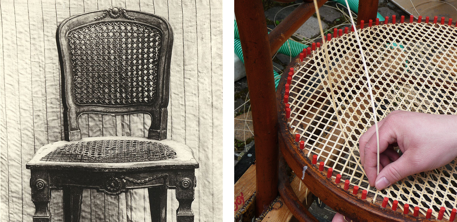 Wiener Geflecht: Links Stuhl 1780, rechts:  Flechten der Sitzfläche eines Stuhls 